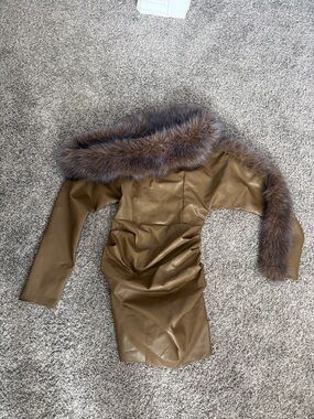 Faux Leather One-Shoulder Dress with Fur Trim - Olive Brown